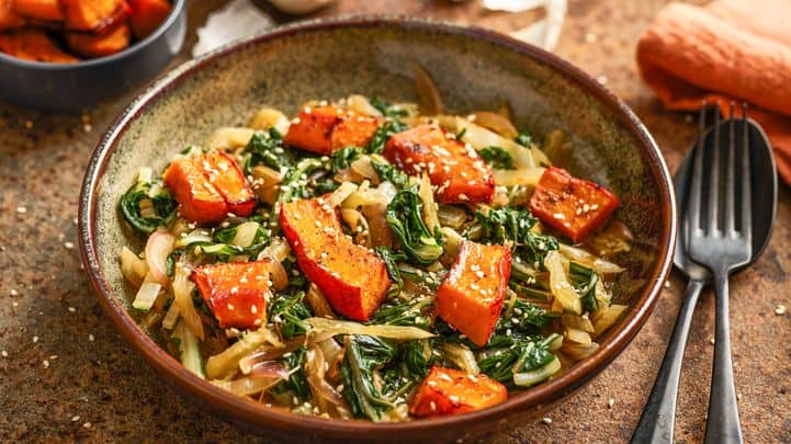 Swiss chard with marinated oven pumpkin